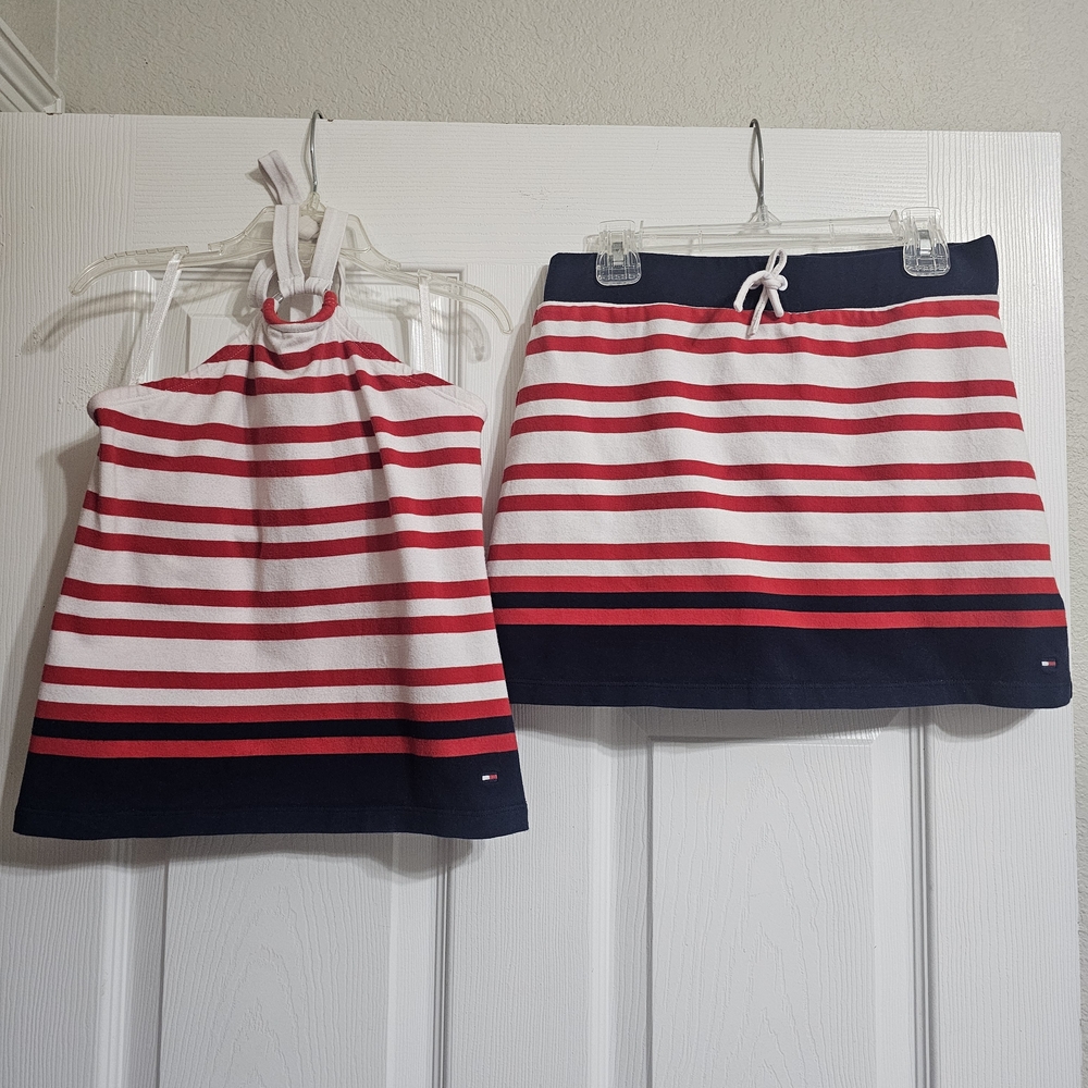 Tommy Hilfiger Red, White & Navy Striped Knit Mini Skort & Halter Set